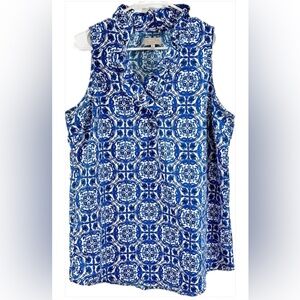 Mud Pie Blue and White Whitney Ruffle Collared Blouse Sleeveless Size Large